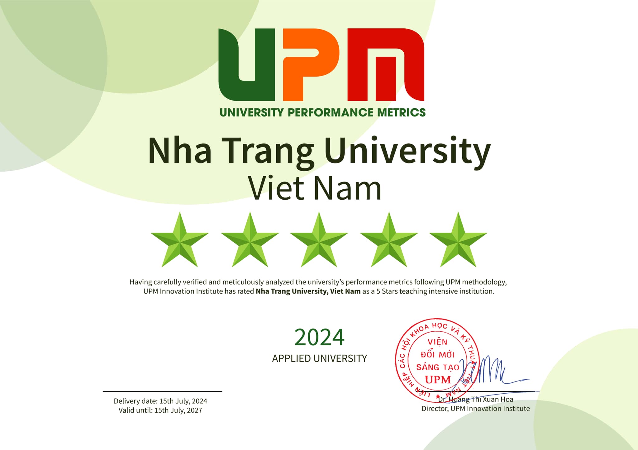 ĐẠI HỌC NHA TRANG ĐƯỢC TỔ CHỨC UPM CHỨNG NHẬN ĐẠT CHUẨN 5 SAO 